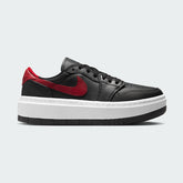 Air Jordan 1 Elevate Low Women's trainers in black, gym red, and white, side profile showing leather upper, exaggerated platform sole, and a classic Swoosh.