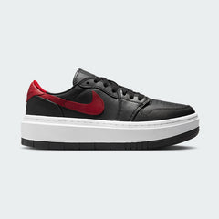 Air Jordan 1 Elevate Low Women's trainers in black, gym red, and white, side profile showing leather upper, exaggerated platform sole, and a classic Swoosh.