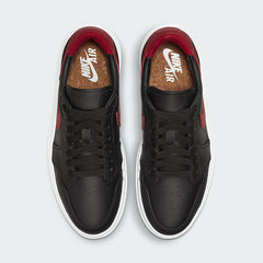 Alt Text: Top-down view of a pair of Air Jordan 1 Elevate Low Women's trainers in black, red, and white, highlighting their classic silhouette and platform sole.