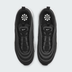 Top-down view of a pair of Nike Air Max 97 Women's trainers in black, highlighting their sleek silhouette and hidden lacing system.