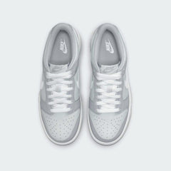 Top view of Nike Dunk Low Juniors black and grey trainers showing lacing and leather overlays