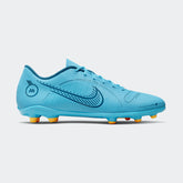 Nike Vapor 14 Club FG/MG men's football boot in chlorine blue and laser orange, side view showing bold Nike swoosh and textured upper.