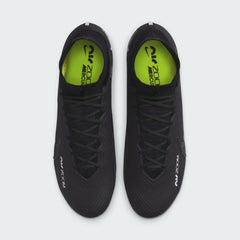 Top-down view of a pair of Nike Zoom Superfly 9 Elite FG men's football boots in black, showcasing the textured Vaporposite+ upper and Flyknit collar.
