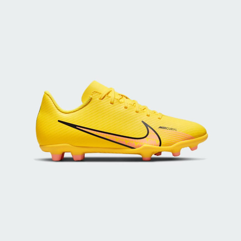 Nike Mercurial Vapor 15 Club Juniors Boots DJ5958-780 side view showing yellow synthetic upper and black Swoosh