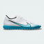 Side profile of the White and Baltic Blue Nike Mercurial Vapor 15 Club TF, showcasing the sleek aerodynamic shape and Pink Blast "AIR" branding.