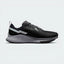 Highlights the high-velocity sweep of the Wolf Grey Nike Swoosh, showing the technical, dual-tone texture of the Black and Dark Grey mesh upper resting above the thick, angular React foam midsole wall.