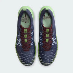 Top-down view of a pair of Nike React Pegasus Trail 4 Men's running shoes in blue, highlighting their breathable upper and lace-up closure.