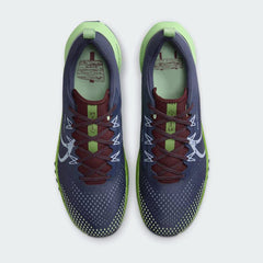 Top-down view of a pair of Nike React Pegasus Trail 4 Men's running shoes in blue, highlighting their breathable upper and lace-up closure.