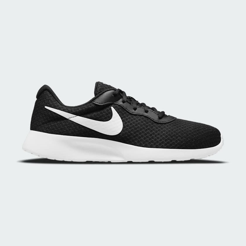 Nike Tanjun Men's Black Trainers DJ6258 side view showing breathable mesh upper and tonal Swoosh