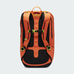 Nike Hike Backpack (27L) in safety orange, back view showing padded, adjustable shoulder straps with sternum clasp and breathable back panel.