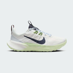 Nike Juniper Trail 2 Women's White Trail Shoes DM0821-103 side view showing white mesh upper with blue overlays and rugged trail outsole