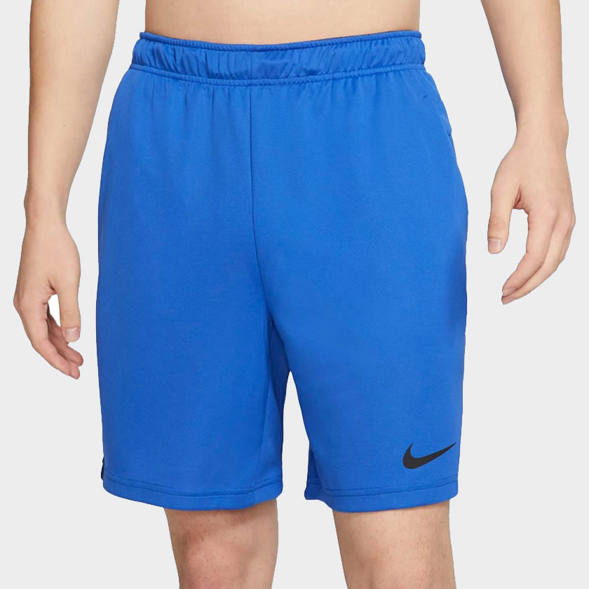 Nike Men's Dri-FIT 8" running shorts in blue and black accents, front view showing elastic waistband, drawcord, and side pockets.