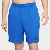 Nike Men's Dri-FIT 8" running shorts in blue and black accents, front view showing elastic waistband, drawcord, and side pockets.