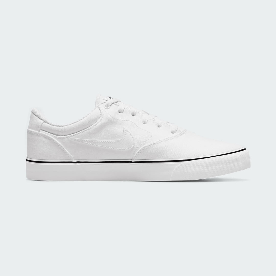 Nike SB Chron 2 Canvas Men's trainers in white, side profile showing canvas upper, classic Swoosh, and vulcanized sole.