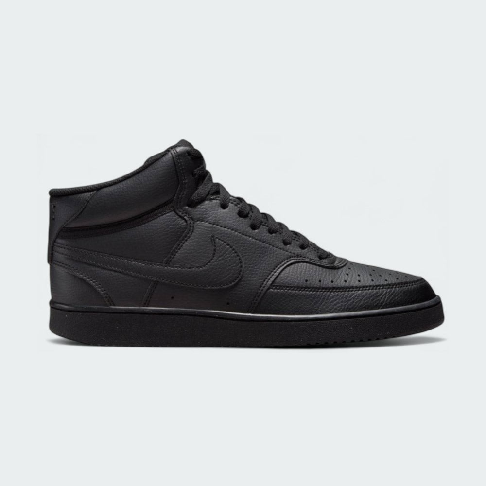 Nike Court Vision Mid Next Nature Men's shoes in all black, side profile showing mid-cut silhouette, classic Nike Swoosh, and durable upper.