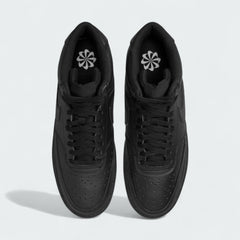 Top-down view of a pair of Nike Court Vision Mid Next Nature Men's shoes in black, highlighting the lace-up closure, perforated toe box, and padded collar.