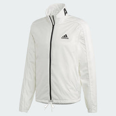 Adidas Light Insulated Jacket Men's in white, front view showing full-zip closure, stand-up collar, side pockets, and Adidas logo.