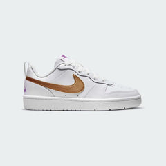 Nike Court Borough Low 2 SE Juniors White Trainers DQ5979-100 side view showing white synthetic leather upper and classic Swoosh design