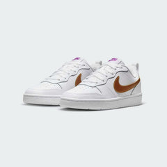 Nike Court Borough Low 2 SE Juniors White Trainers DQ5979-100 angled view showing low-top build and stitched overlay design