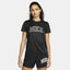 Nike Dri-FIT Swoosh Bra Women's in black, front view showing classic racerback design and large white Nike Swoosh logo.