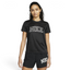 Nike Dri-FIT Swoosh Bra Women's in black, front view showing classic racerback design and large white Nike Swoosh logo.