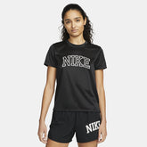 Nike Dri-FIT Swoosh Bra Women's in black, front view showing classic racerback design and large white Nike Swoosh logo.