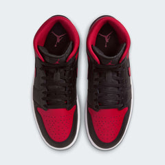 Top-down view of a pair of Air Jordan 1 Mid Men's trainers in black, red, and white, highlighting their classic silhouette and lace-up closure.