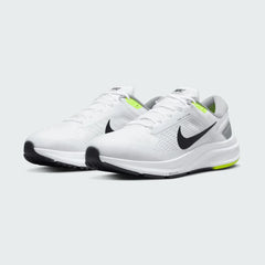 Angled view of two Nike Air Zoom Structure 24 Men's white running trainers, side by side, showcasing their stable design and athletic profile.