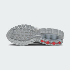 View of the outsole of the Nike Air Max DN Men's grey running shoes, showing the durable rubber tread pattern and the unique design of the visible Dynamic Air pods.