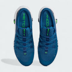 Top-down view of a pair of Nike Free Metcon 5 Men's training shoes in blue, highlighting their athletic silhouette and lace-up closure.