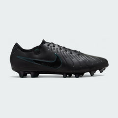 Nike Legend 10 Elite FG men's football boots in black with a deep jungle green Swoosh, side profile showing the FlyTouch Plus upper and firm ground studs.