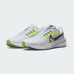 Nike Pegasus 39 Premium Men's White Running Shoes DX1627-100 angled view highlighting breathable mesh, subtle overlays, and Zoom Air midsole