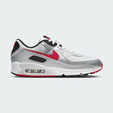 Nike Air Max 90 Men's Silver Leather Trainers DX4233-001 side view showing silver leather upper and visible Air unit