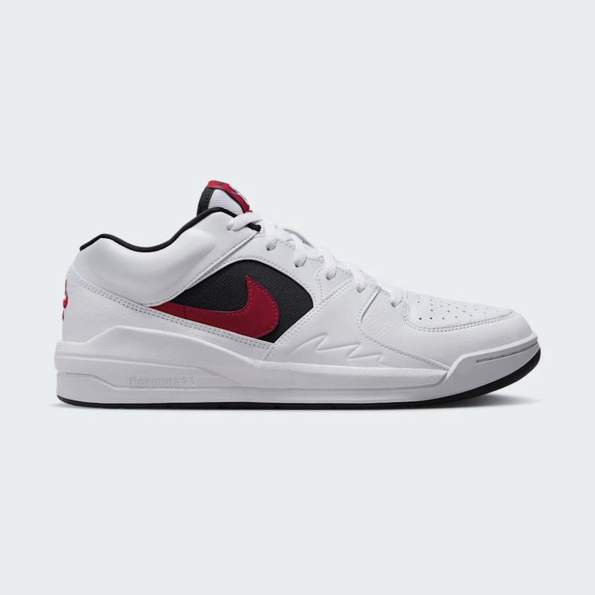 Jordan Stadium 90 Men's trainers in white, gym red, and black, side profile showing leather upper, classic Swoosh, and Air Jordan 5-inspired mesh details.