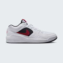 Jordan Stadium 90 Men's trainers in white, gym red, and black, side profile showing leather upper, classic Swoosh, and Air Jordan 5-inspired mesh details.