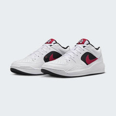 Angled view of two Jordan Stadium 90 Men's trainers in white, gym red, and black, side by side, showcasing their unique hybrid design.