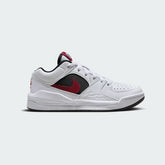 Jordan Stadium 90 Juniors' trainers in white, gym red, and black, side profile showing leather upper, classic Swoosh, and Air Jordan 5-inspired mesh details.