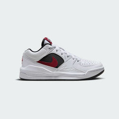 Jordan Stadium 90 Juniors' trainers in white, gym red, and black, side profile showing leather upper, classic Swoosh, and Air Jordan 5-inspired mesh details.