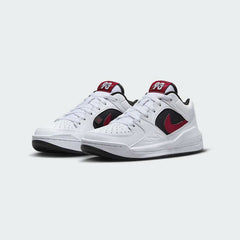 Angled view of two Jordan Stadium 90 Juniors' trainers in white, gym red, and black, side by side, showcasing their unique hybrid design.