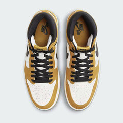Top-down view of a pair of Air Jordan 1 Retro High OG Men's trainers in yellow and black, highlighting their classic silhouette and lace-up closure.