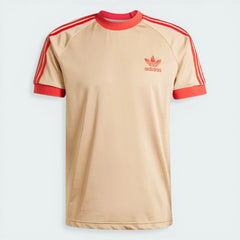 Top-down view of the t-shirt laid flat, showcasing the warm beige tone and the classic crewneck construction.