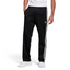 Adidas Firebird Track Pants Men's in black, model worn front view showing white 3-Stripes down the legs, Trefoil logo on the hip, and zipped pockets.