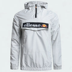 Ellesse Mont 2 Overhead Anorak Jacket Men's in grey marl, front view showing the hood, 1/4 zip closure, front pouch pocket, and Ellesse logos.