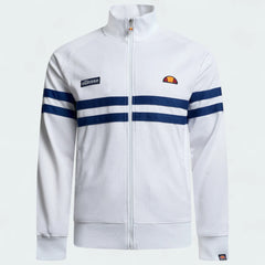 Ellesse Rimini Track Jacket Men's in white, front view showing the full zip, stand-up collar, and iconic blue and red stripes across the chest and sleeves.