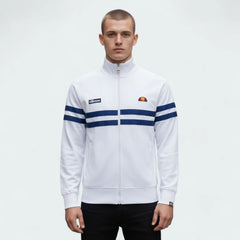 Ellesse Rimini Track Jacket Men's in white, front view shown a male model showing the full zip, stand-up collar, and iconic blue and red stripes across the chest and sleeves.