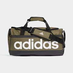 Green duffel bag with Adidas logo on a white background