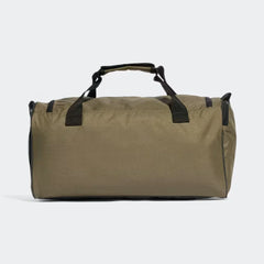 Green duffel bag with black straps on a white background