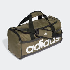 The Olive Strata Duffel, highlighting the large white "adidas" wordmark and the adjustable padded shoulder strap.