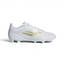 Highlights the high-velocity Gold Metallic 3-Stripes slashing across the professional depth of the Cloud White Fiberskin upper.