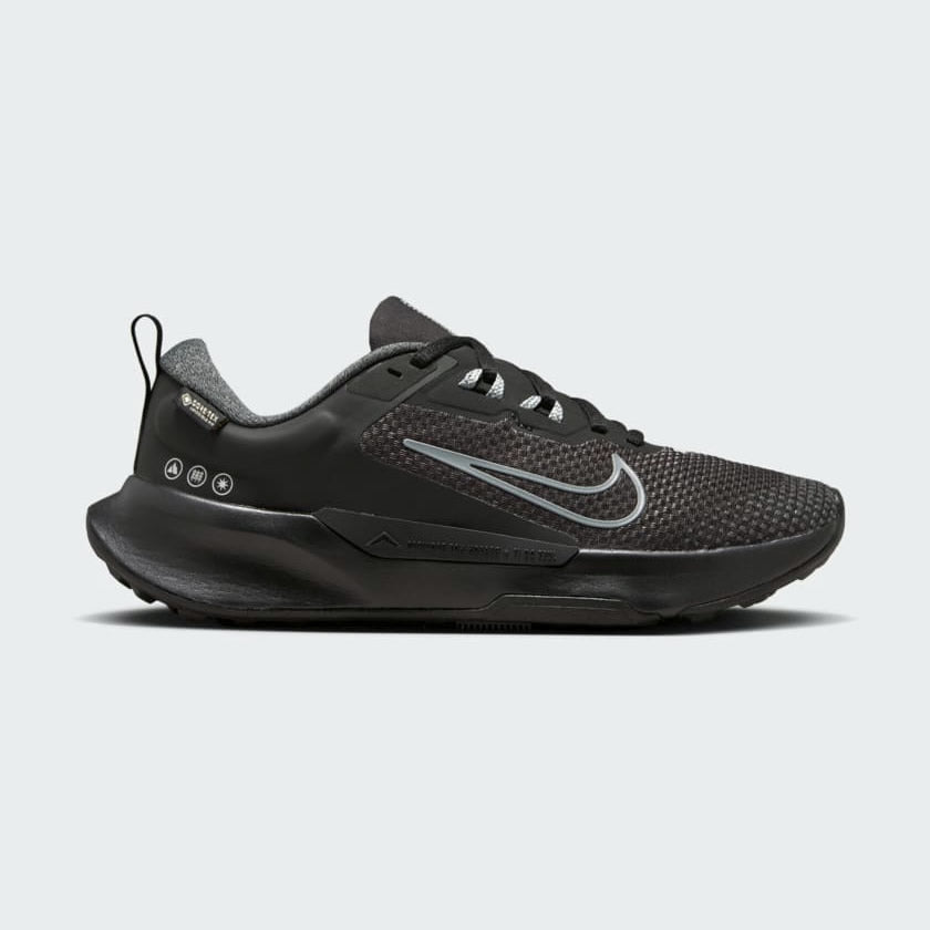 Nike Juniper Trail 2 Gore-Tex Women's trainers in black, side profile showing waterproof upper, rugged overlays, and aggressive outsole.